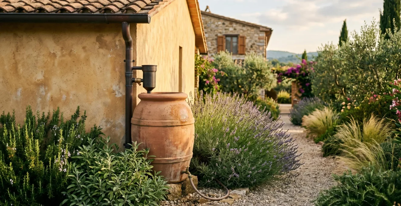 Sistema completo de depósito de agua pluvial conectado a bajante de tejado en jardín con vegetación mediterránea