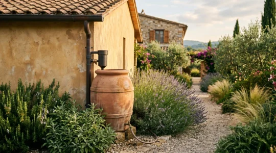Sistema completo de depósito de agua pluvial conectado a bajante de tejado en jardín con vegetación mediterránea