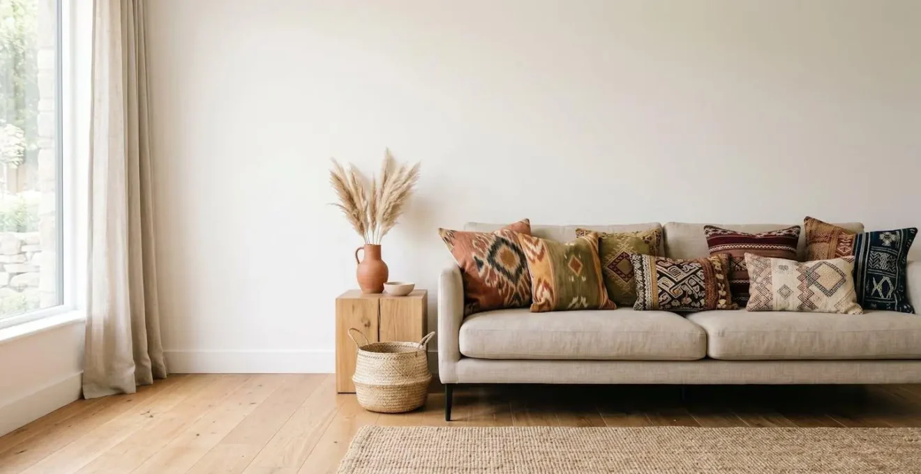 Sofá contemporáneo decorado con cojines de estampados étnicos variados en tonos terrosos y neutros creando armonía visual