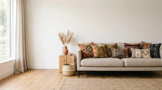 Sofá contemporáneo decorado con cojines de estampados étnicos variados en tonos terrosos y neutros creando armonía visual