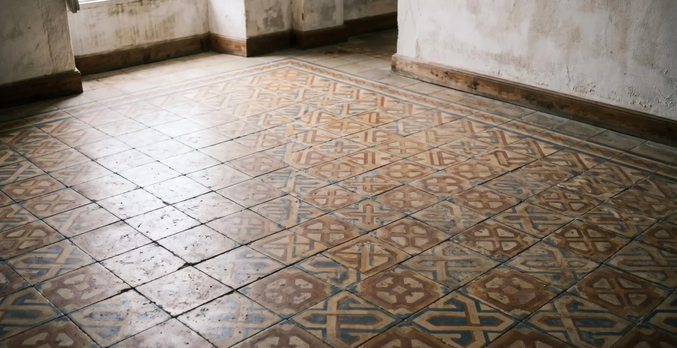 Suelo hidráulico antiguo con manchas del tiempo esperando restauración profesional
