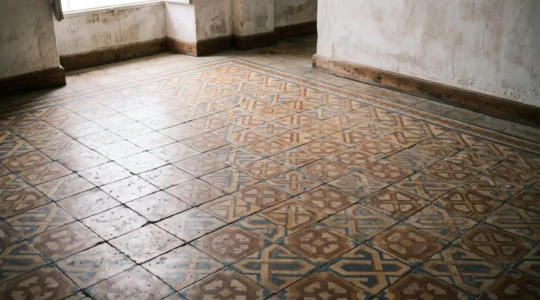 Suelo hidráulico antiguo con manchas del tiempo esperando restauración profesional