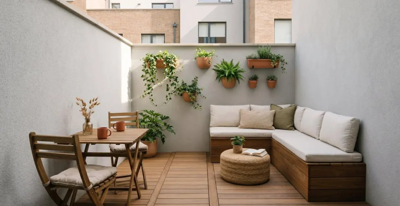 Terraza estrecha con zona de comedor y área de descanso perfectamente distribuida con muebles funcionales