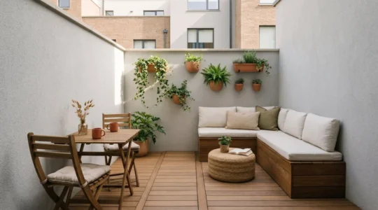 Terraza estrecha con zona de comedor y área de descanso perfectamente distribuida con muebles funcionales