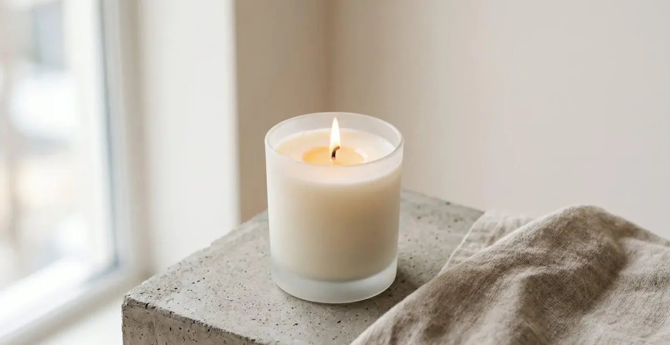 Vela de cera de soja natural encendida con llama limpia sin humo negro en ambiente minimalista