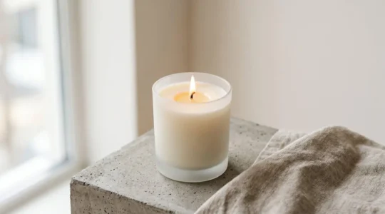 Vela de cera de soja natural encendida con llama limpia sin humo negro en ambiente minimalista