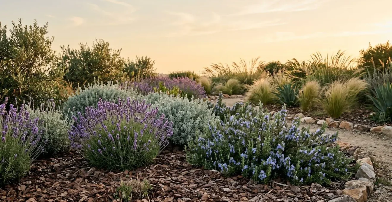 Jardín frondoso de bajo consumo hídrico con plantas mediterráneas aromáticas, mulching orgánico y diseño sostenible