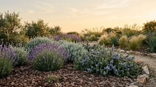 Jardín frondoso de bajo consumo hídrico con plantas mediterráneas aromáticas, mulching orgánico y diseño sostenible